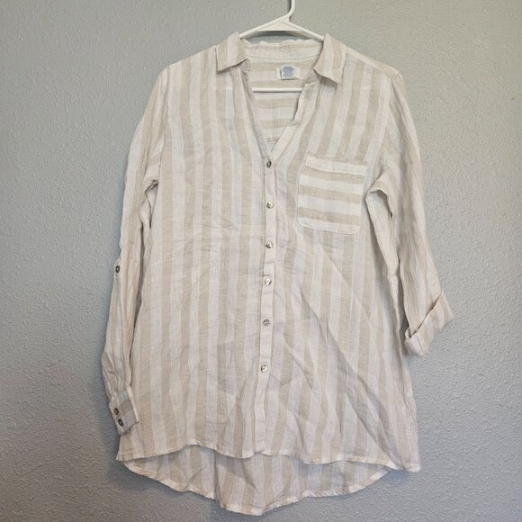 Sigrid Olsen 100% Linen Women's Top SZ Medium stripes Cream Coastal Beach Summer - Picture 3 of 13